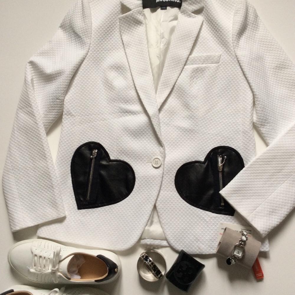 Love Moschino white jacket black heart pockets